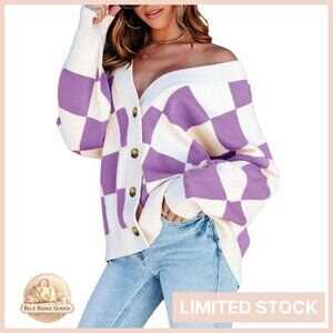 Oversized Cable Knit Cardigan V Neck Button Down Long Sleeve Plaid Chic